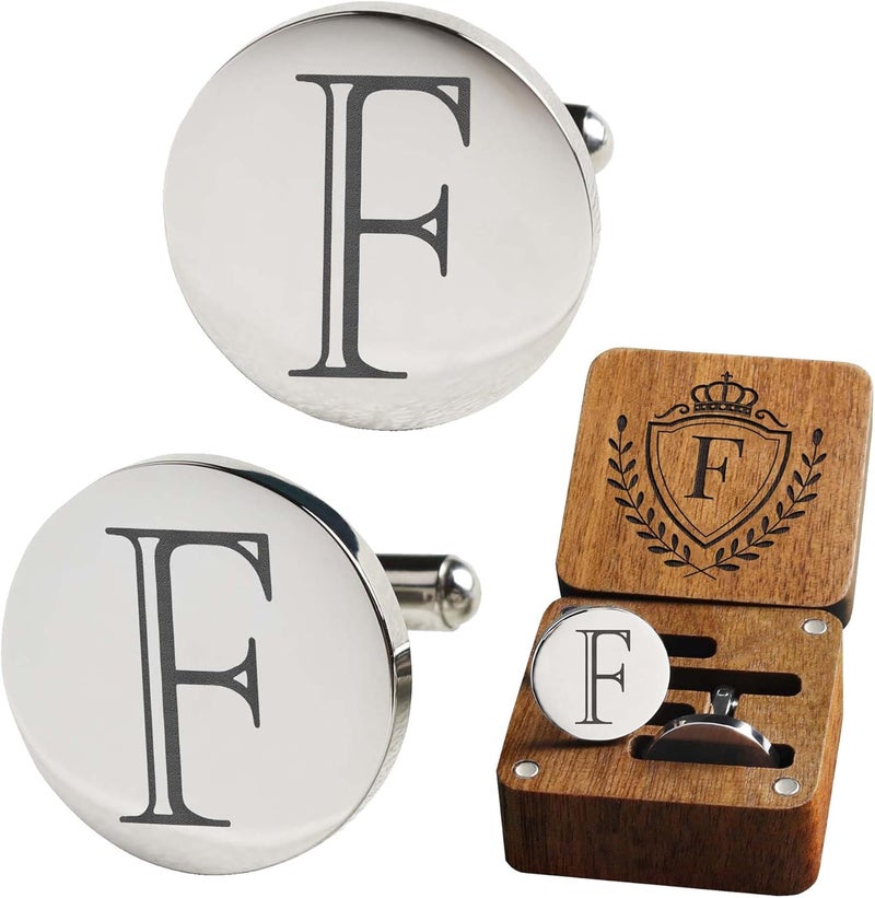 SeemDanten Mens Classic Initial Cuff links A-Z Alphabet 26 Letters Stainless Steel Silver CuffLinks with Engraved Walnut Wood Gift Box Business Wedding Set - Image 1